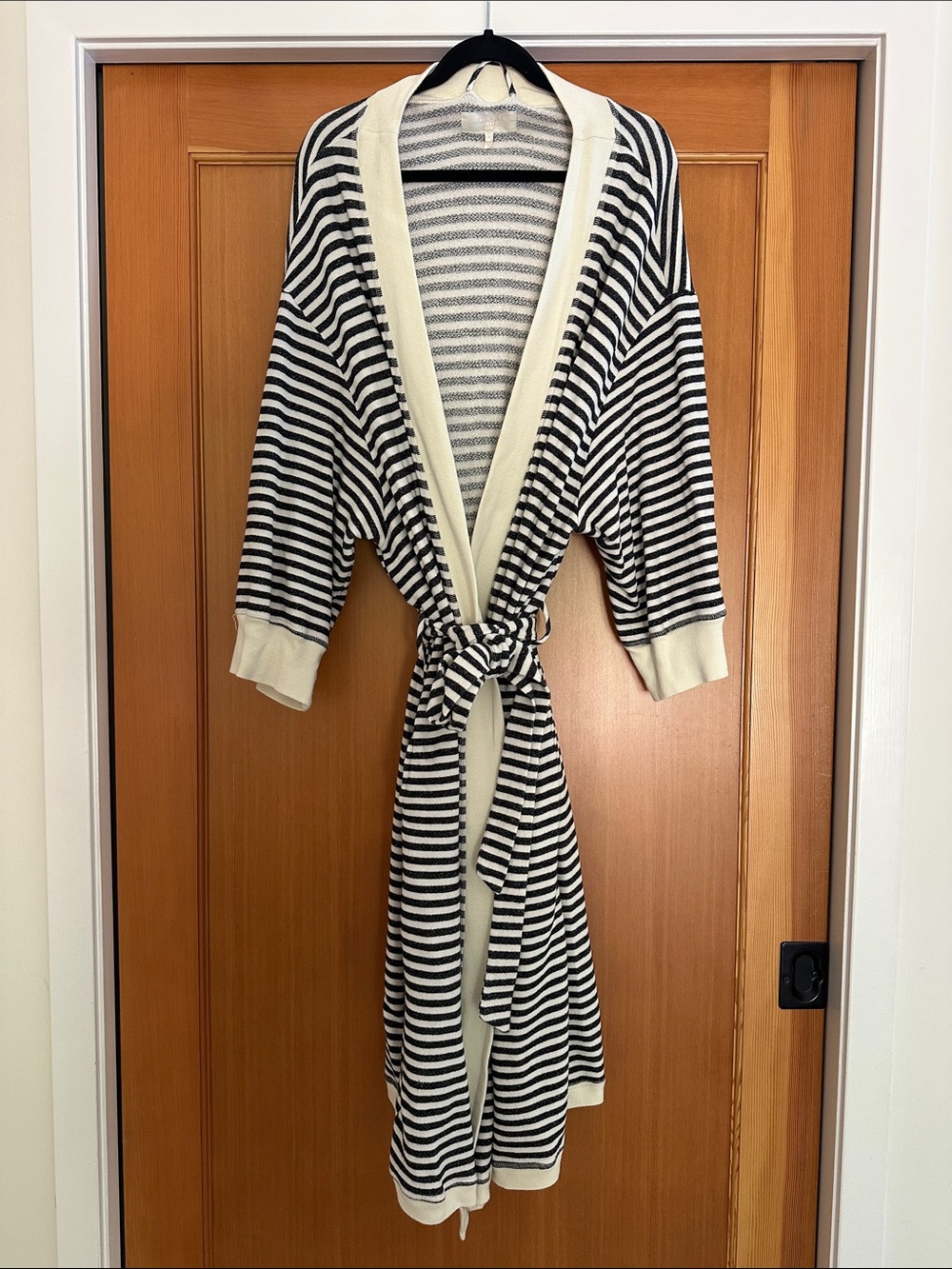 THE GREAT Black and Cream Striped Knit Robe